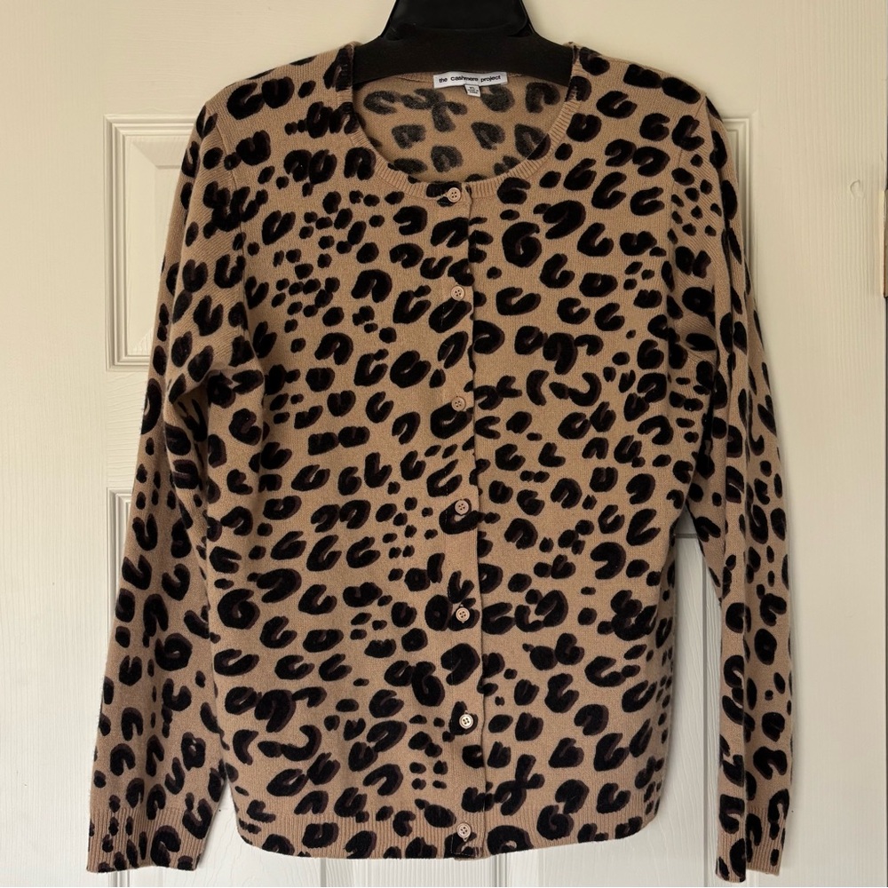 The Cashmere Project Tan and Black Leopard Cardigan